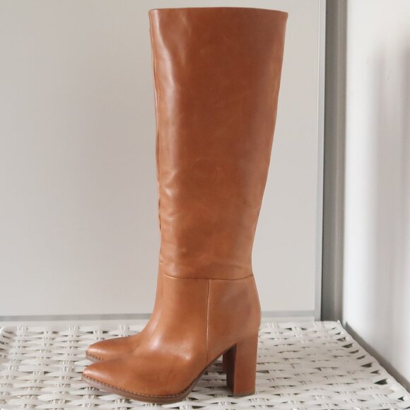 Nine West Shoes - Nine West Tan Leather Knee High Boots Block Heel Pointed Toe Riding Boots Size 6